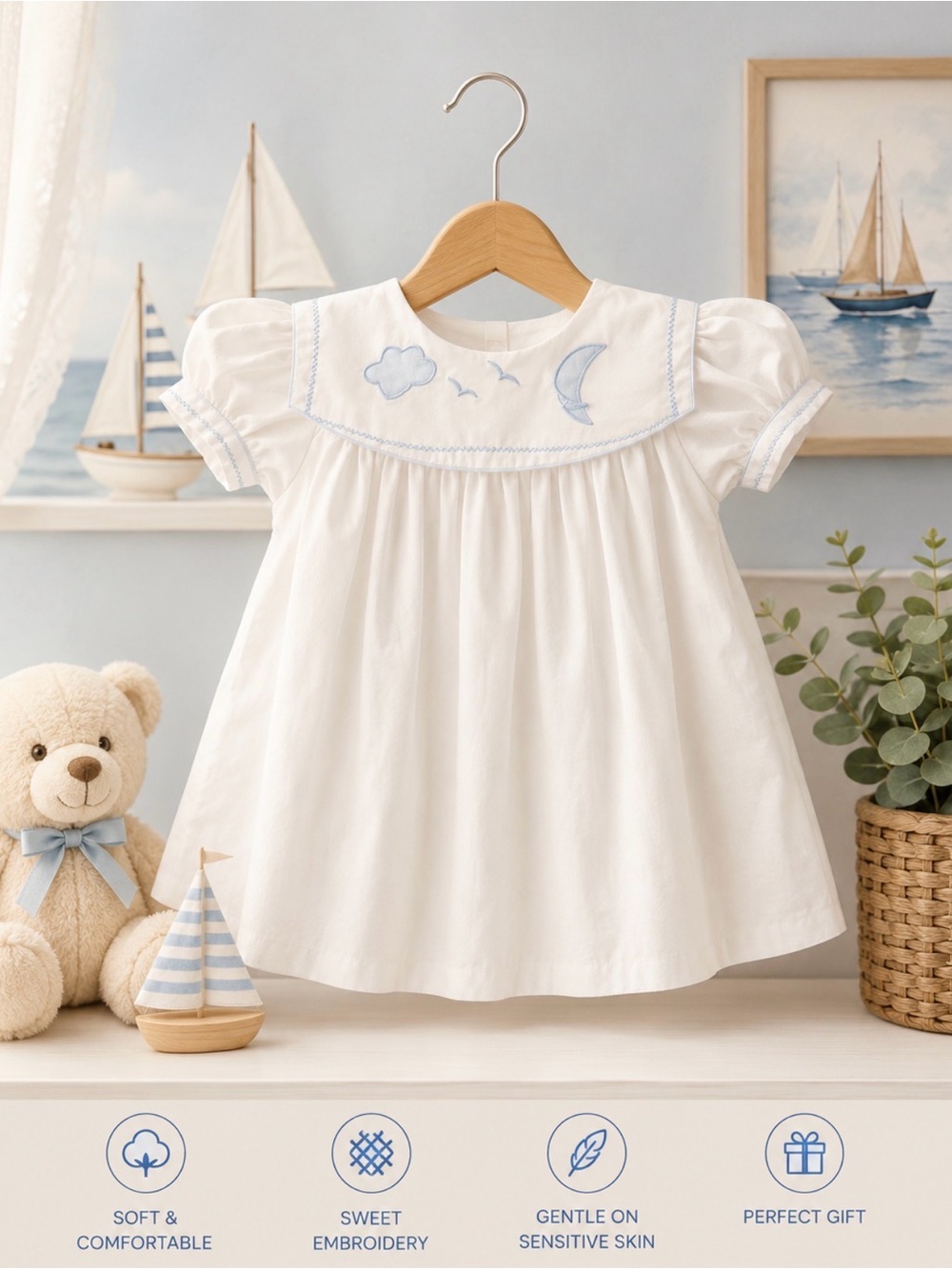 Vintage  Carriage Boutiques White dress with Blue Logo Stitching size 12 M